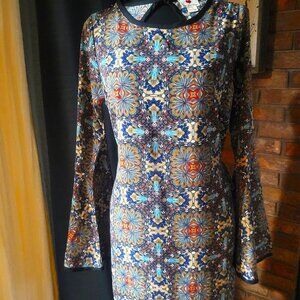 One Clothing 70s Retro Blue Multi-Colored Patterned Round Neck Dress - Size S